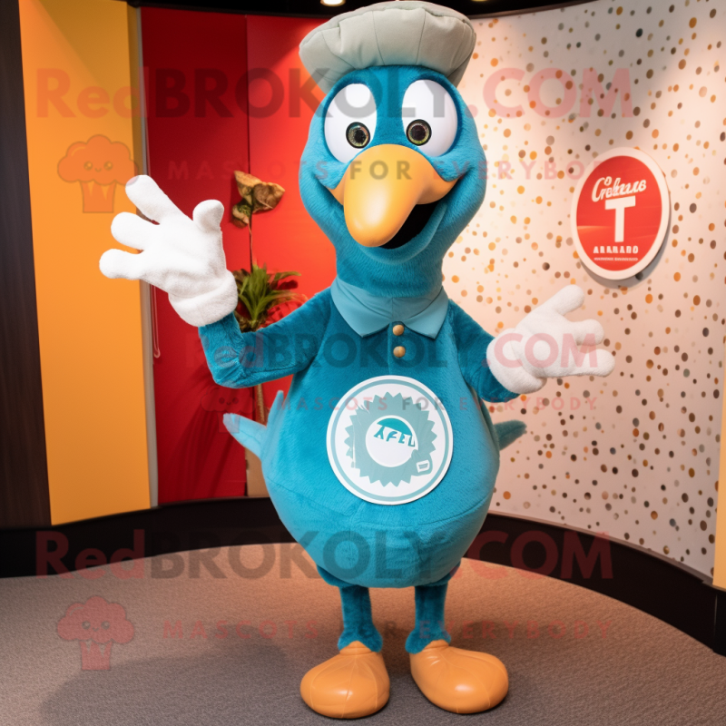 Teal Turkey mascot costume character dressed with a Henley Shirt and Rings Teal Turkey mascot costume character dressed with a Henley Shirt and Rings