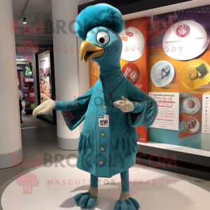 Teal Turkey mascot costume character dressed with a Henley Shirt and Rings