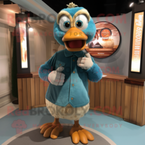 Teal Turkey mascot costume character dressed with a Henley Shirt and Rings