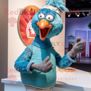 Teal Turkey mascot costume character dressed with a Henley Shirt and Rings