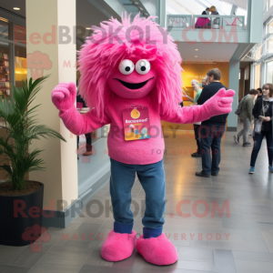 Pink Jambalaya mascot costume character dressed with a Skinny Jeans and Brooches