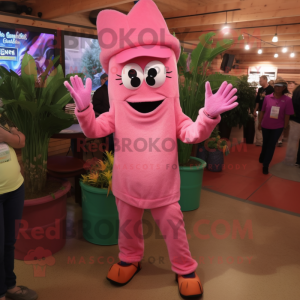 Pink Jambalaya mascot costume character dressed with a Skinny Jeans and Brooches