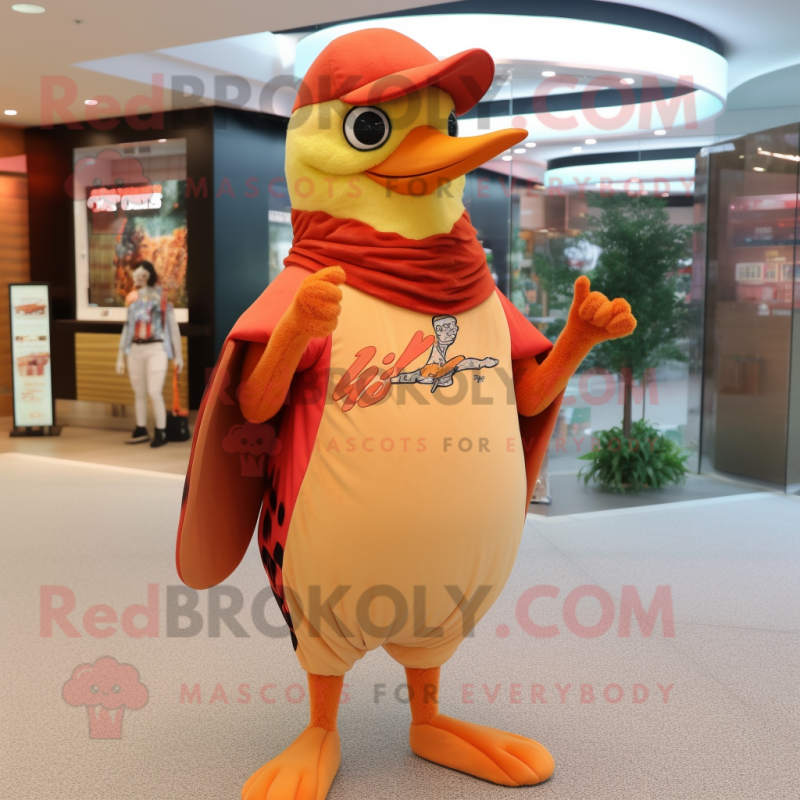 Peach Woodpecker mascot costume character dressed with a Cover-up and Rings