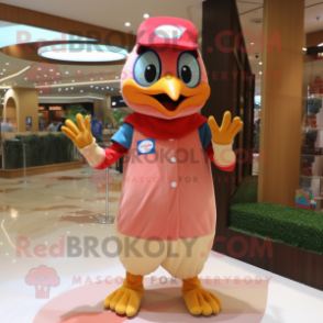 Peach Woodpecker mascot costume character dressed with a Cover-up and Rings