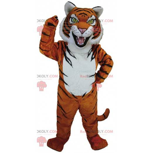 Mascote tigre laranja, branco e preto com olhos amarelos -