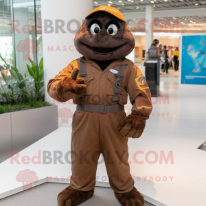 Brown Marine Recon mascot costume character dressed with a Dungarees and Gloves
