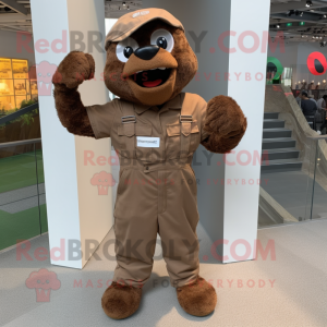Brown Marine Recon mascot costume character dressed with a Dungarees and Gloves