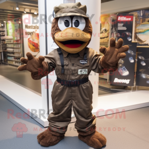 Brown Marine Recon mascot costume character dressed with a Dungarees and Gloves