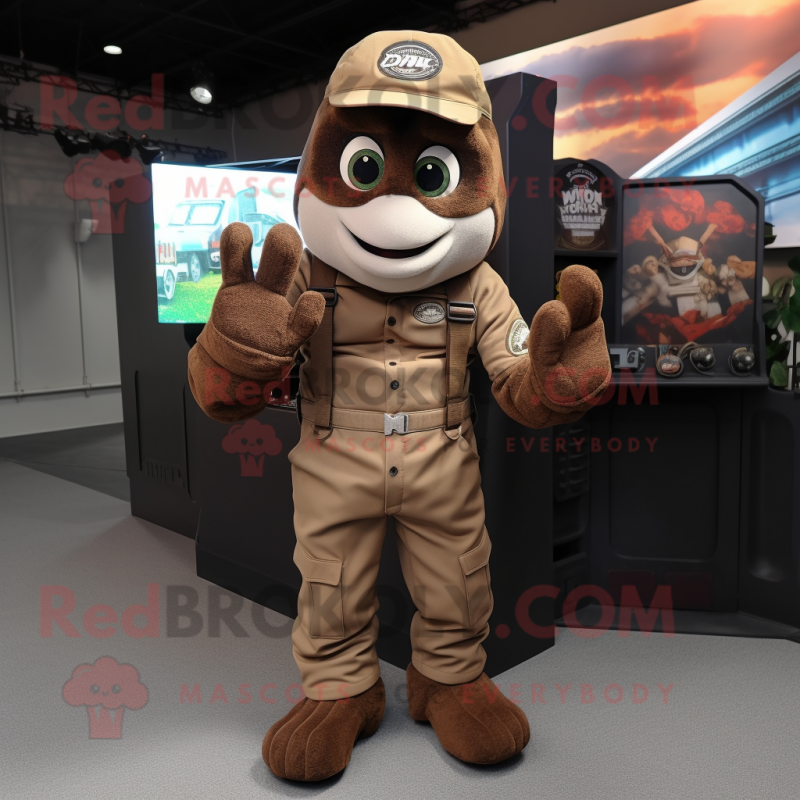 Brown Marine Recon mascot costume character dressed with a Dungarees and Gloves Brown Marine Recon mascot costume character dressed with a Dungarees and Gloves