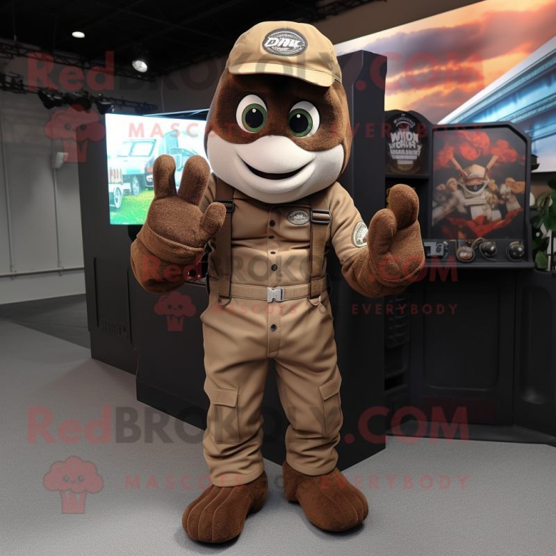 Brown Marine Recon mascot costume character dressed with a Dungarees and Gloves