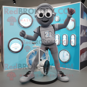 Gray Unicyclist mascot costume character dressed with a Mini Dress and Smartwatches