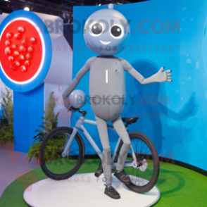 Gray Unicyclist mascot costume character dressed with a Mini Dress and Smartwatches