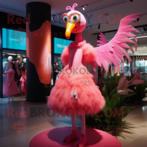 Pink Flamingo mascot costume character dressed with a Dress and Hairpins