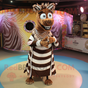 Brown Zebra mascot costume character dressed with a Circle Skirt and Shawl pins