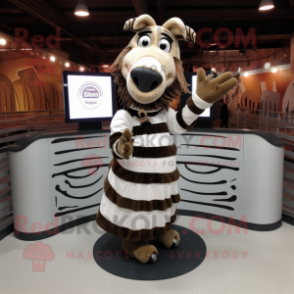 Brown Zebra mascot costume character dressed with a Circle Skirt and Shawl pins