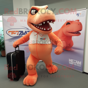 Peach T Rex mascot costume character dressed with a Running Shorts and Briefcases