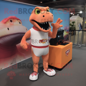 Peach T Rex mascot costume character dressed with a Running Shorts and Briefcases