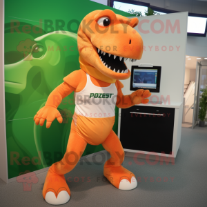 Peach T Rex mascot costume character dressed with a Running Shorts and Briefcases