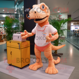 Peach T Rex mascot costume character dressed with a Running Shorts and Briefcases