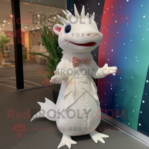 White Axolotls mascot costume character dressed with a Evening Gown and Shoe laces