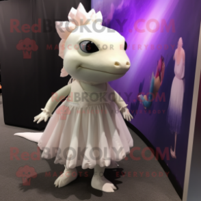 White Axolotls mascot costume character dressed with a Evening Gown and Shoe laces