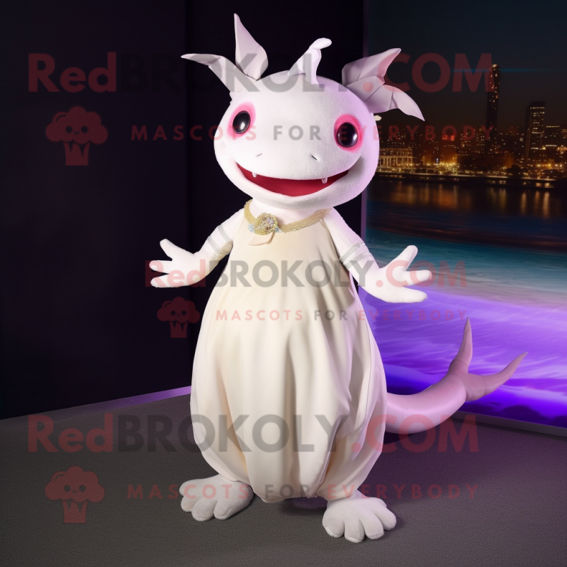 White Axolotls mascot costume character dressed with a Evening Gown and Shoe laces White Axolotls mascot costume character dressed with a Evening Gown and Shoe laces