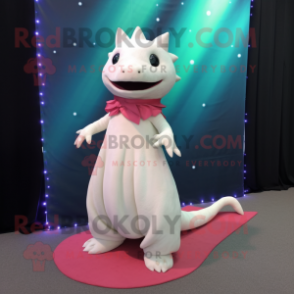 White Axolotls mascot costume character dressed with a Evening Gown and Shoe laces