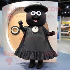 Black Bagels mascot costume character dressed with a A-Line Dress and Hats