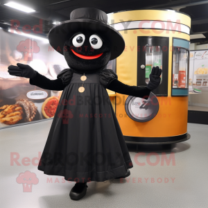 Black Bagels mascot costume character dressed with a A-Line Dress and Hats