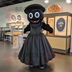 Black Bagels mascot costume character dressed with a A-Line Dress and Hats