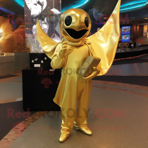 Gold Manta Ray mascot costume character dressed with a Turtleneck and Clutch bags