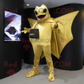 Gold Manta Ray mascot costume character dressed with a Turtleneck and Clutch bags