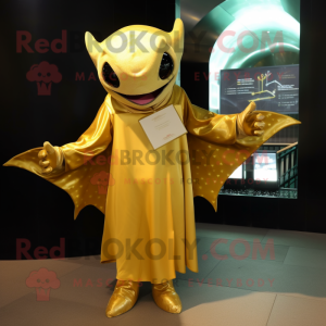 Gold Manta Ray mascot costume character dressed with a Turtleneck and Clutch bags