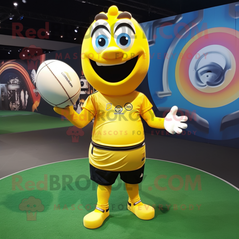 Yellow Rugby Ball mascot costume character dressed with a T-Shirt and Rings