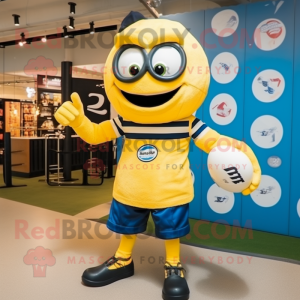 Yellow Rugby Ball mascot costume character dressed with a T-Shirt and Rings