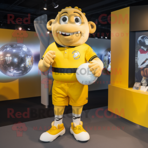 Yellow Rugby Ball mascot costume character dressed with a T-Shirt and Rings