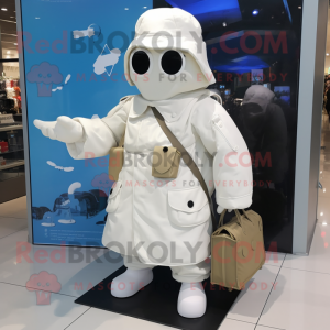 White Commando mascot costume character dressed with a Raincoat and Handbags