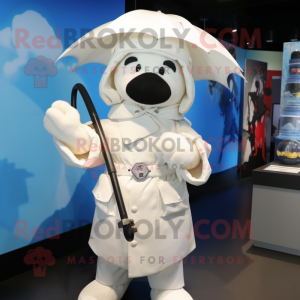 White Commando mascot costume character dressed with a Raincoat and Handbags
