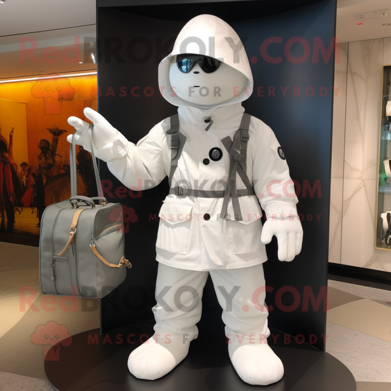 White Commando mascot costume character dressed with a Raincoat and Handbags