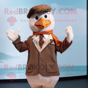 Brown Seagull mascot costume character dressed with a Suit Jacket and Headbands