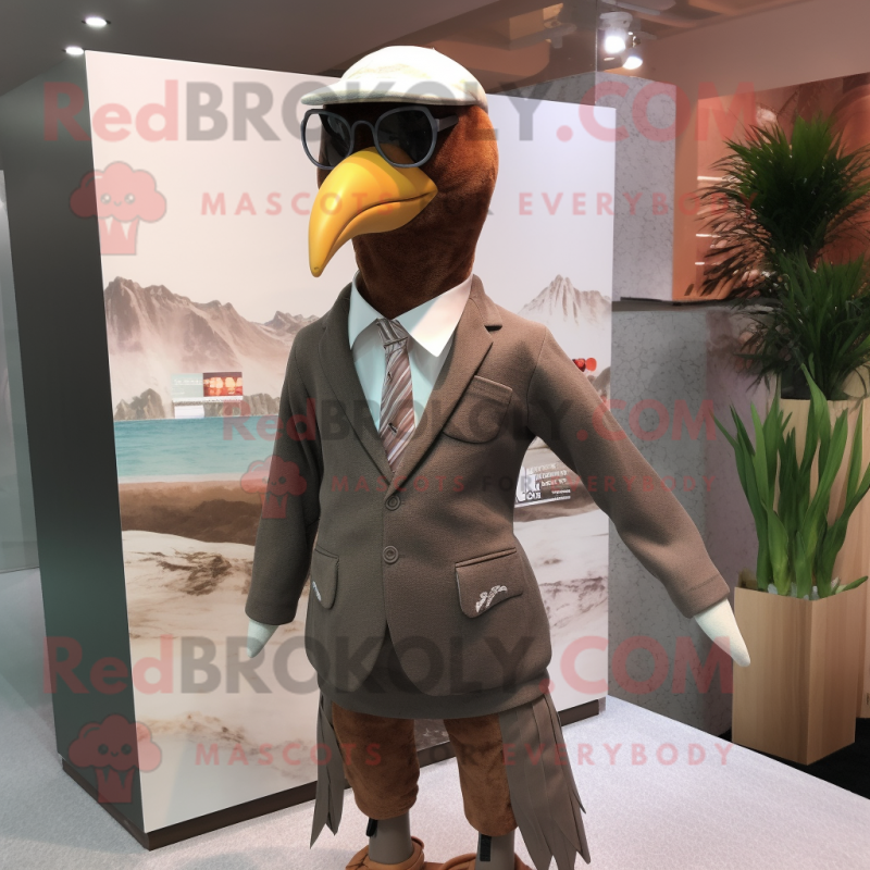 Brown Seagull mascot costume character dressed with a Suit Jacket and Headbands