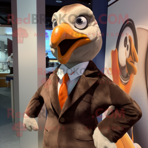 Brown Seagull mascot costume character dressed with a Suit Jacket and Headbands