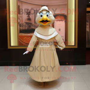 Beige Mandarin mascot costume character dressed with a Empire Waist Dress and Shoe clips