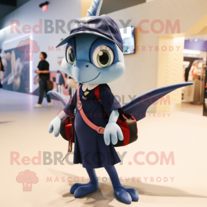 Navy Dimorphodon mascot costume character dressed with a Midi Dress and Backpacks