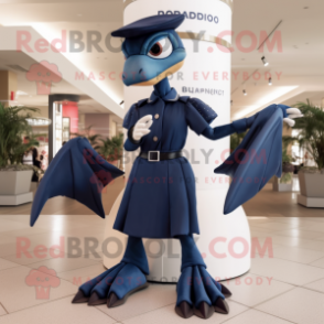 Navy Dimorphodon mascot costume character dressed with a Midi Dress and Backpacks