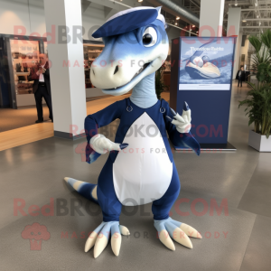 Navy Dimorphodon mascot costume character dressed with a Midi Dress and Backpacks