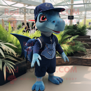 Navy Dimorphodon mascot costume character dressed with a Midi Dress and Backpacks