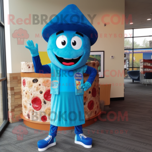 Blue Pizza Slice mascot costume character dressed with a Vest and Headbands