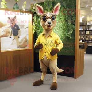 Gold Kangaroo mascot costume character dressed with a Chinos and Eyeglasses