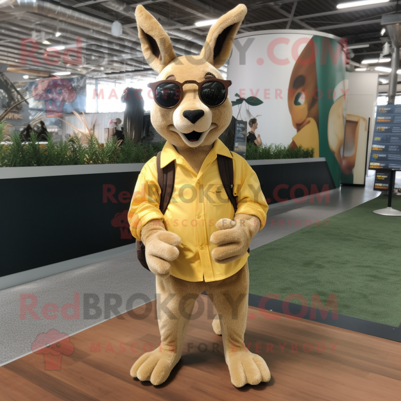 Gold Kangaroo mascot costume character dressed with a Chinos and Eyeglasses